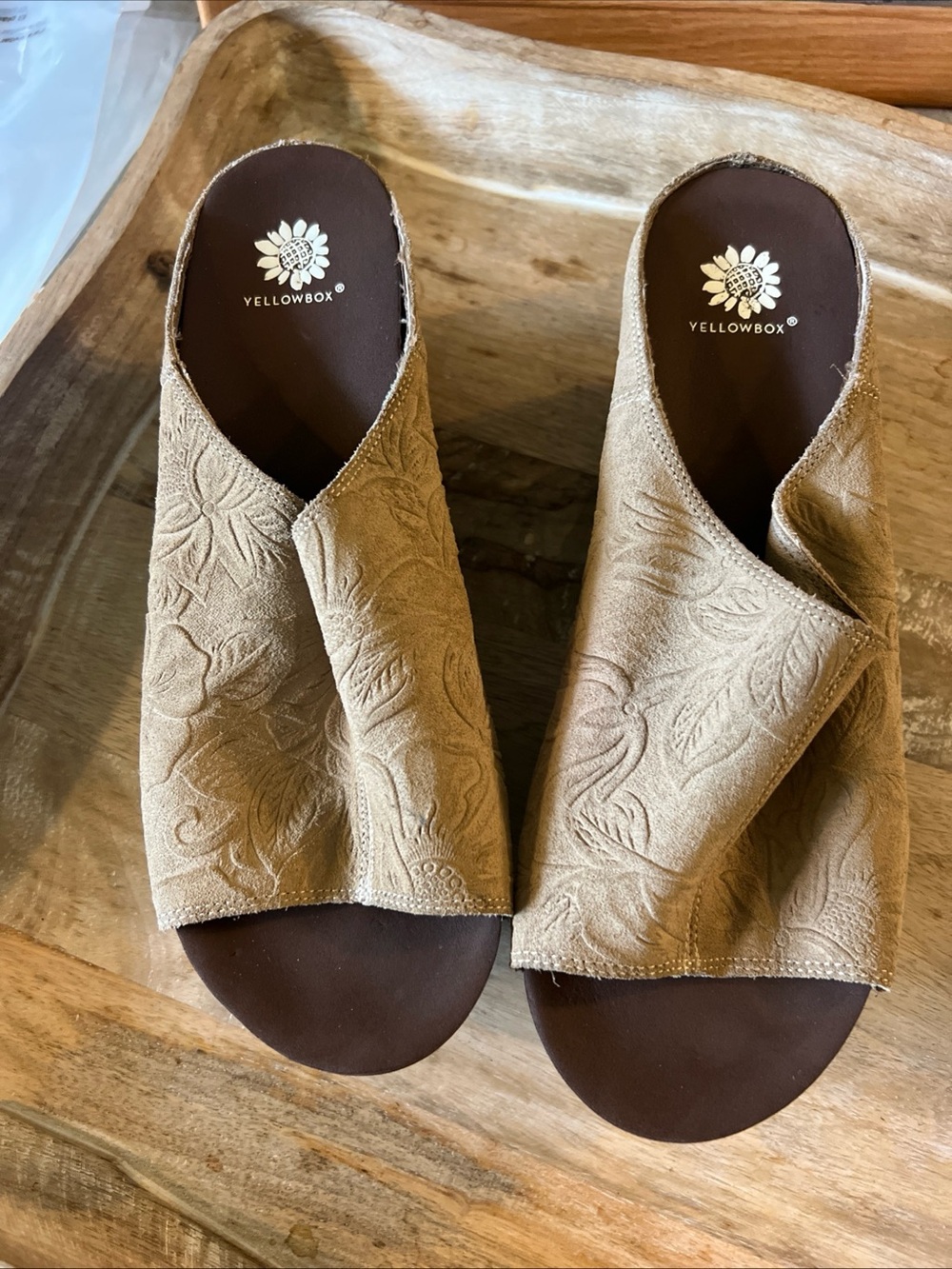 Yellow Box Tan Embroidered Crossover Slide Mules